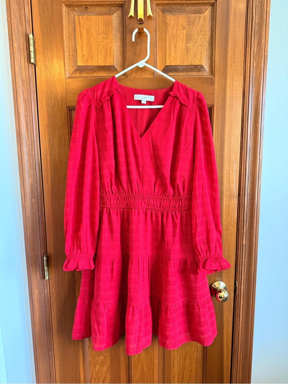 LOFT Holiday Red Tiered Long-Sleeve Midi Dress
